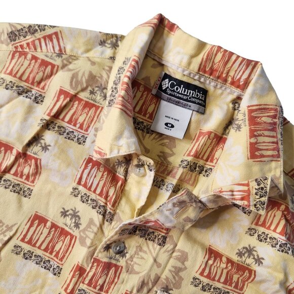 Columbia Mens Hawaiian Shirt Yellow Surf Boards Hibiscus Floral Print Size M - Picture 5 of 6
